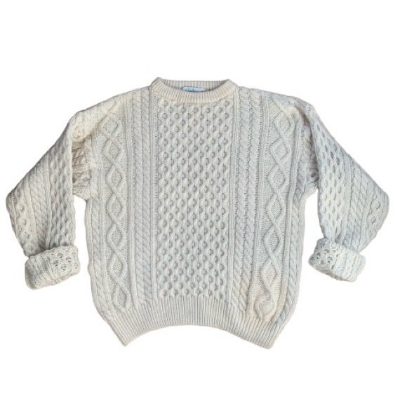 Vintage Pure New Wool Irish Fisherman Cable Knit Aran Crewneck Sweater Quills XL - Picture 4 of 10